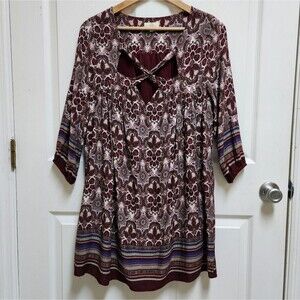 Entro Dress M Burgandy Floral Striped Cutout Shift Boho 3/4 Sleeve Lightweight